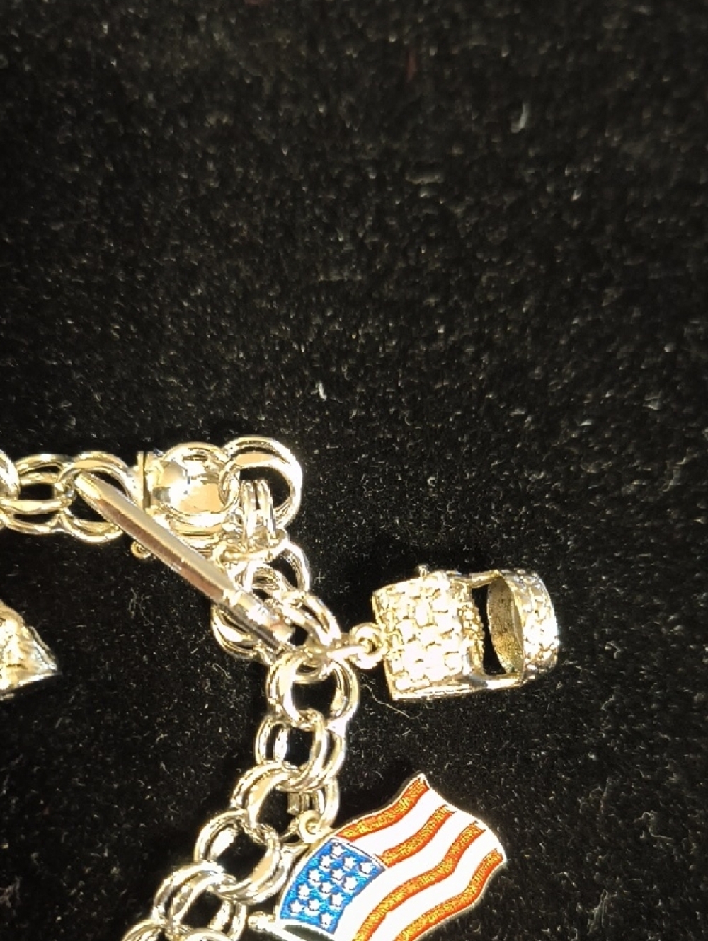 Sterling Silver Charm Bracelet with Enamel American Flag And Lady Bug - Picture 3 of 8